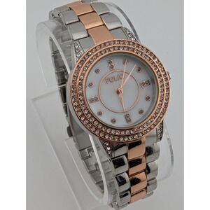 Folio Women's Watch 30mm Case Pave Crystal Bezel MOP Dial 7.5" Band- New Battery
